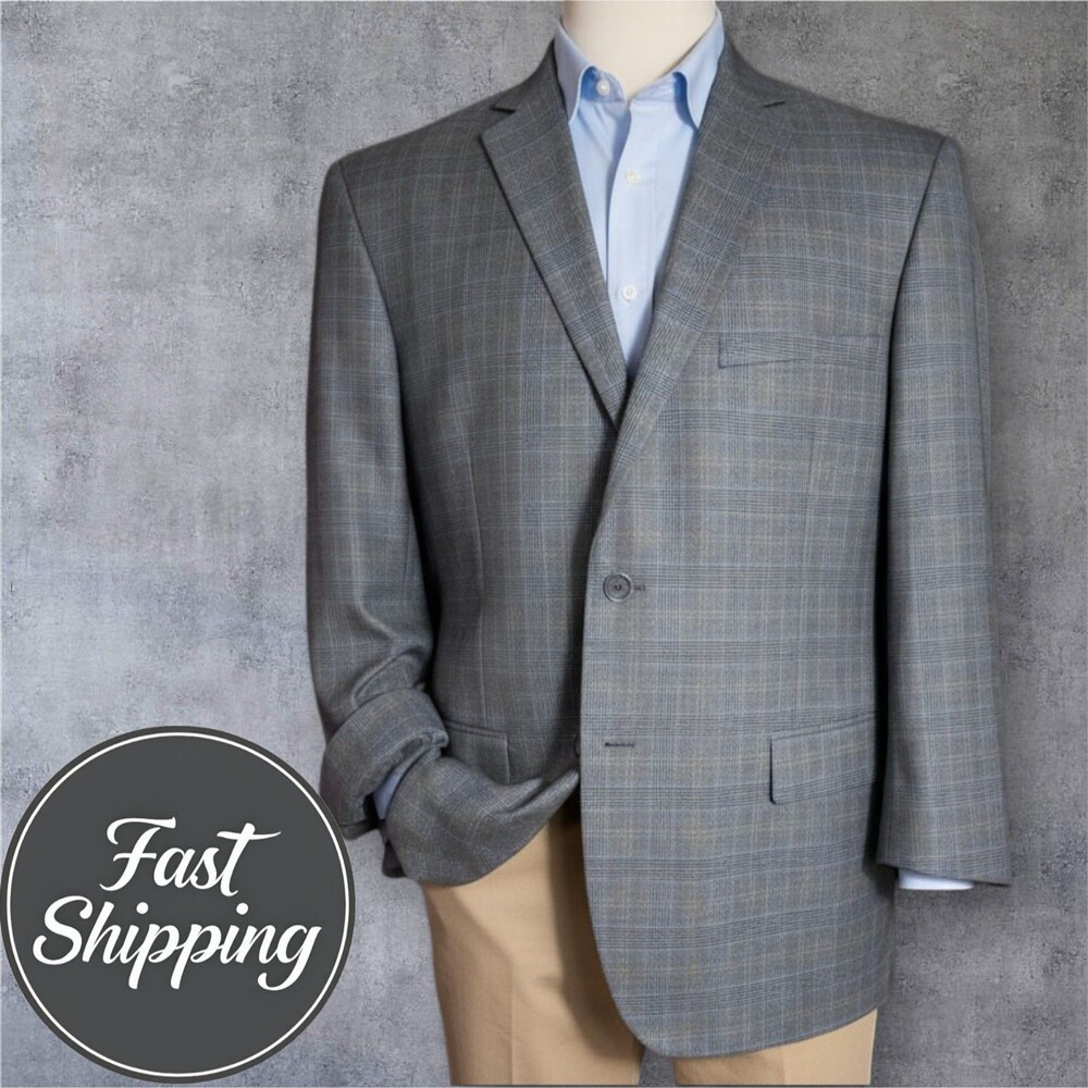 BOCACCIO Mens Blazer Sport Coat Two Button Jacket 52R Gray Windowpane Plaid
